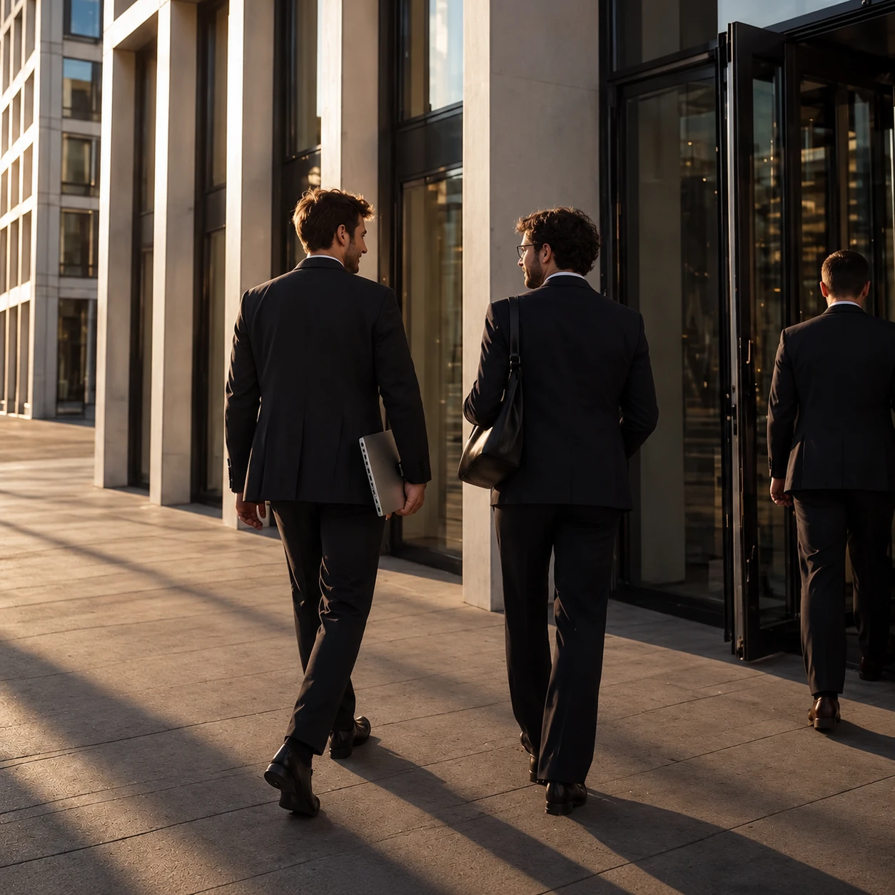 Two Apex Global Solutions colleagues walking into a client office