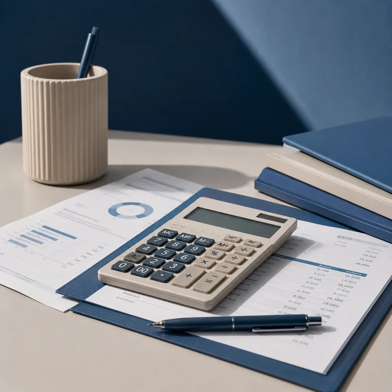 Calculator resting on printed budget reports
