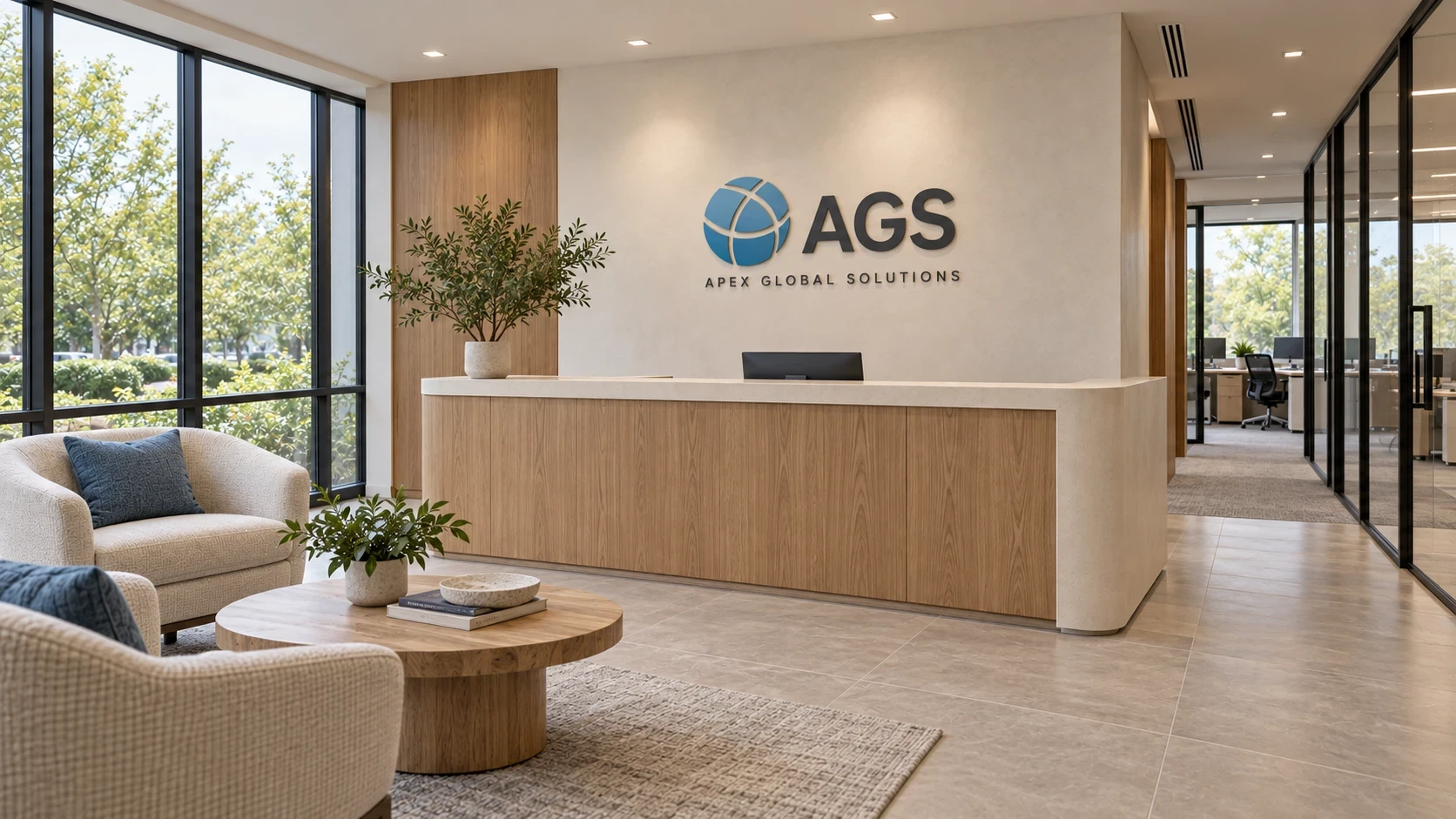 The Apex Global Solutions office reception, with the AGS logo on the wall