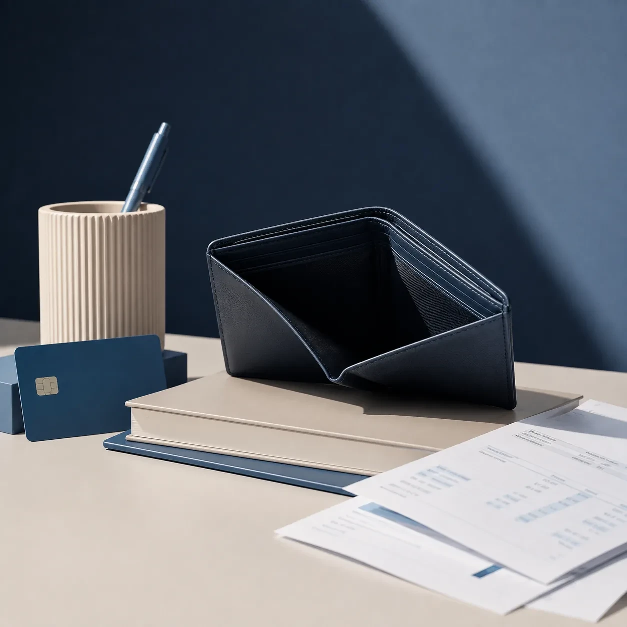 Open wallet with a bank card on a desk