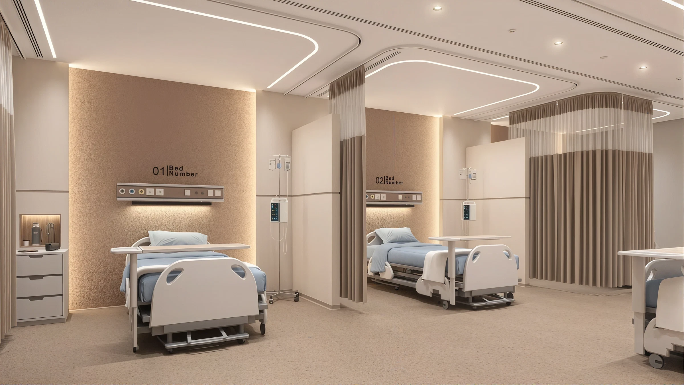 Two-bed inpatient room with cove lighting
